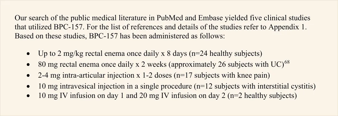 Excerpt from the FDA report listing the five published human studies of BPC-157, covering rectal enema, intra-articular, intravesical, and intravenous administration