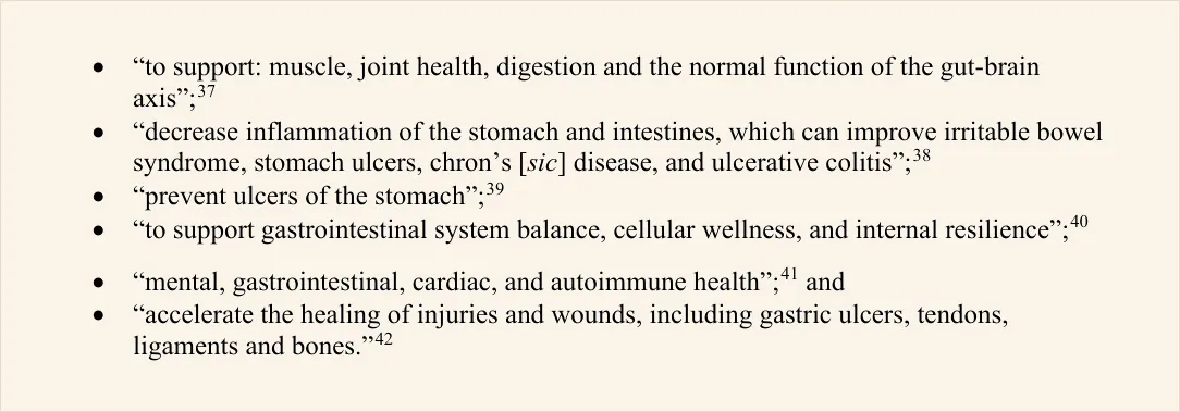Bulleted list from the FDA report quoting marketing claims made by compounding pharmacies and clinics, including supporting muscle and joint health and accelerating the healing of injuries, tendons, ligaments and bones