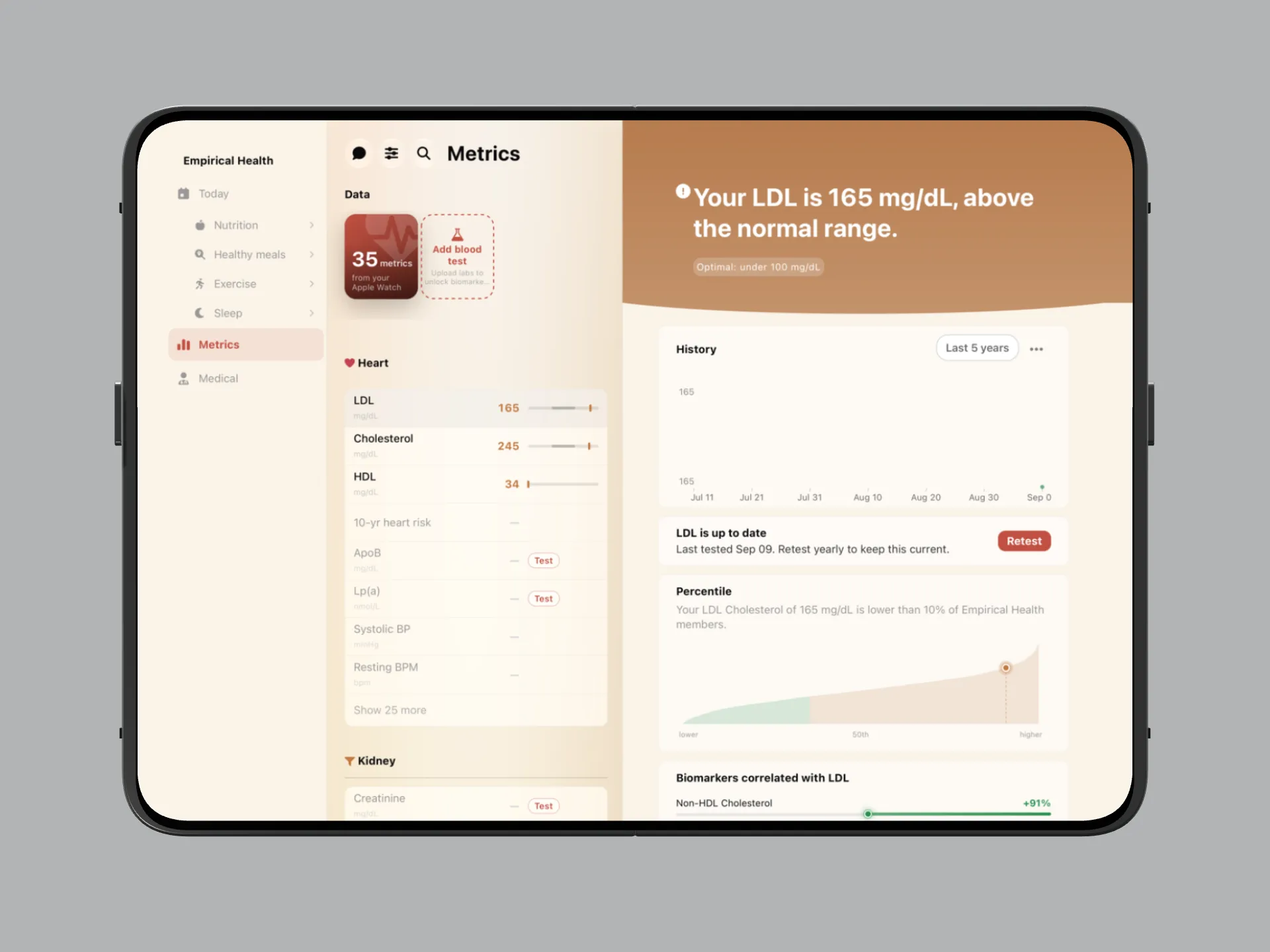 Our unfolded Empirical Health screenshot prototype, with navigation and a metrics list beside the LDL detail view.