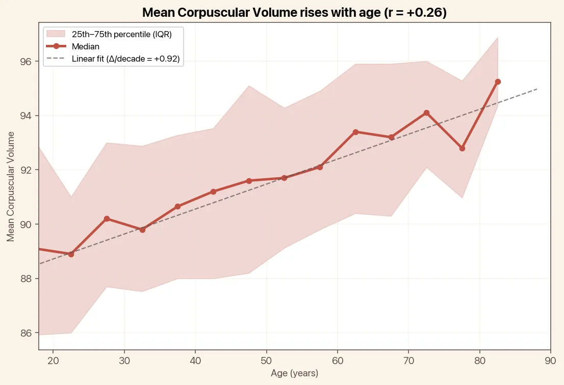 Mean Corpuscular Volume rises with age, chart with median and linear trend