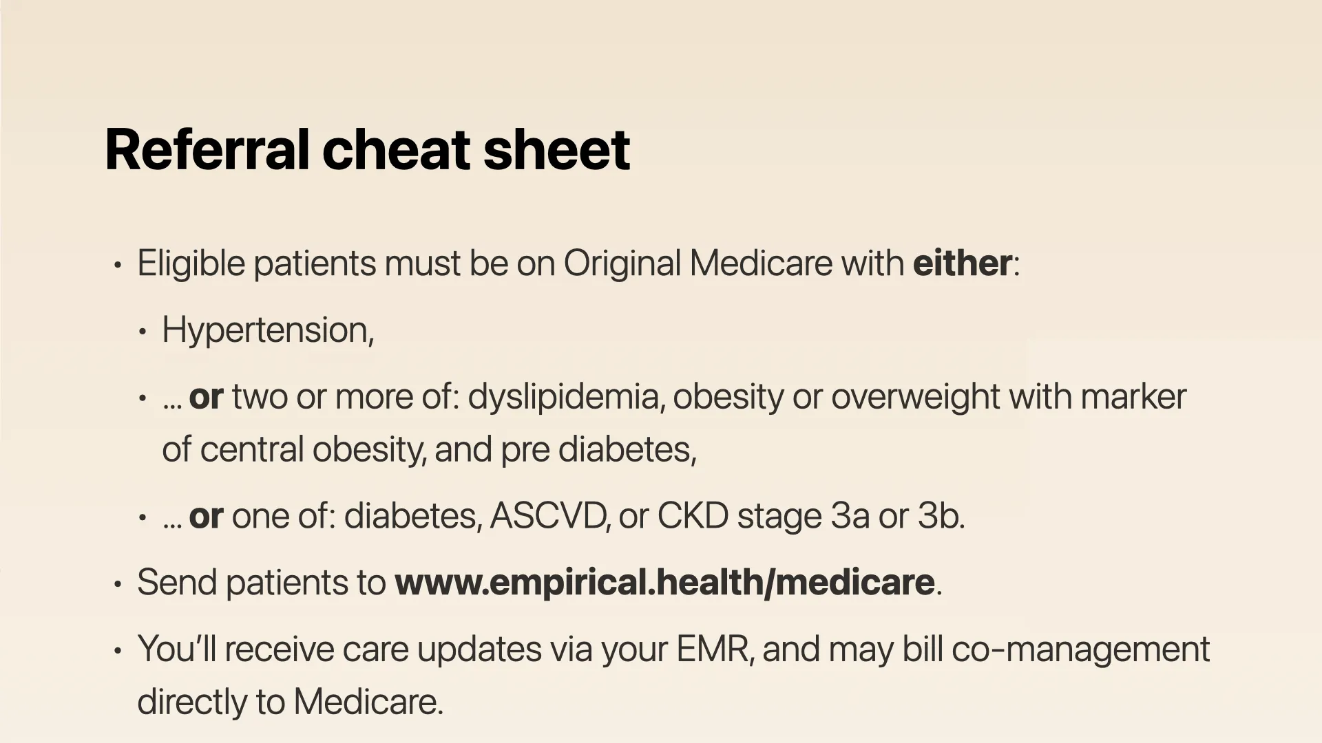 Referral cheat sheet: eligibility criteria and where to send patients.